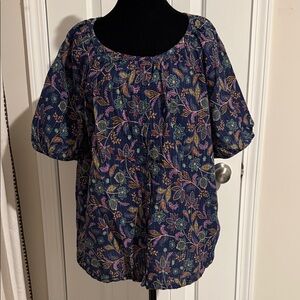 Women's Navy Floral Puff-Sleeve Top